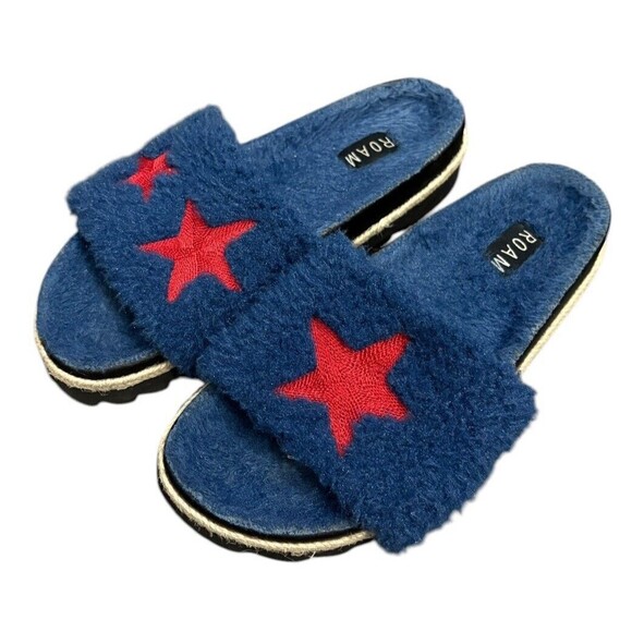 Roam Shoes - Roam Faux‎ Fur Slipper Slides Navy Size 9 Stars
